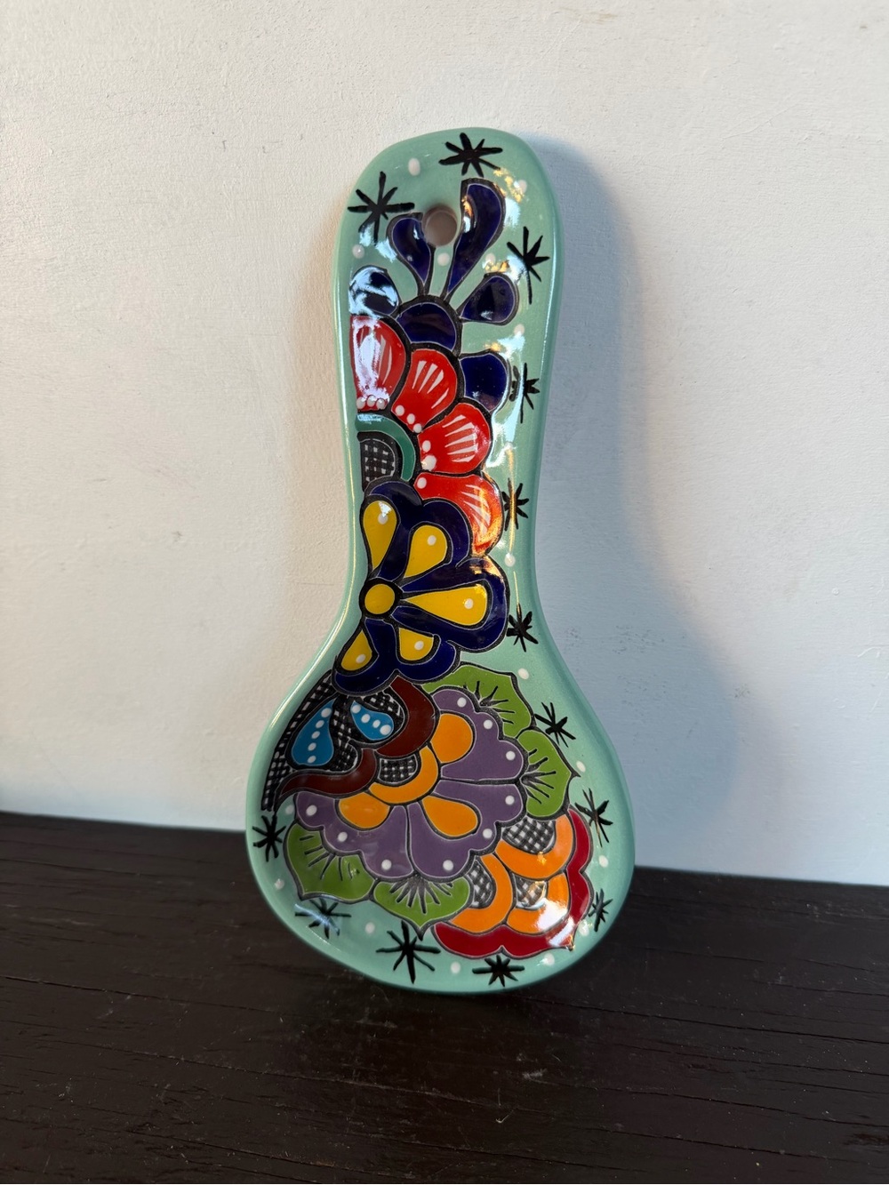 Hand-Painted Floral Talavera Spoon Rest in Mint Green